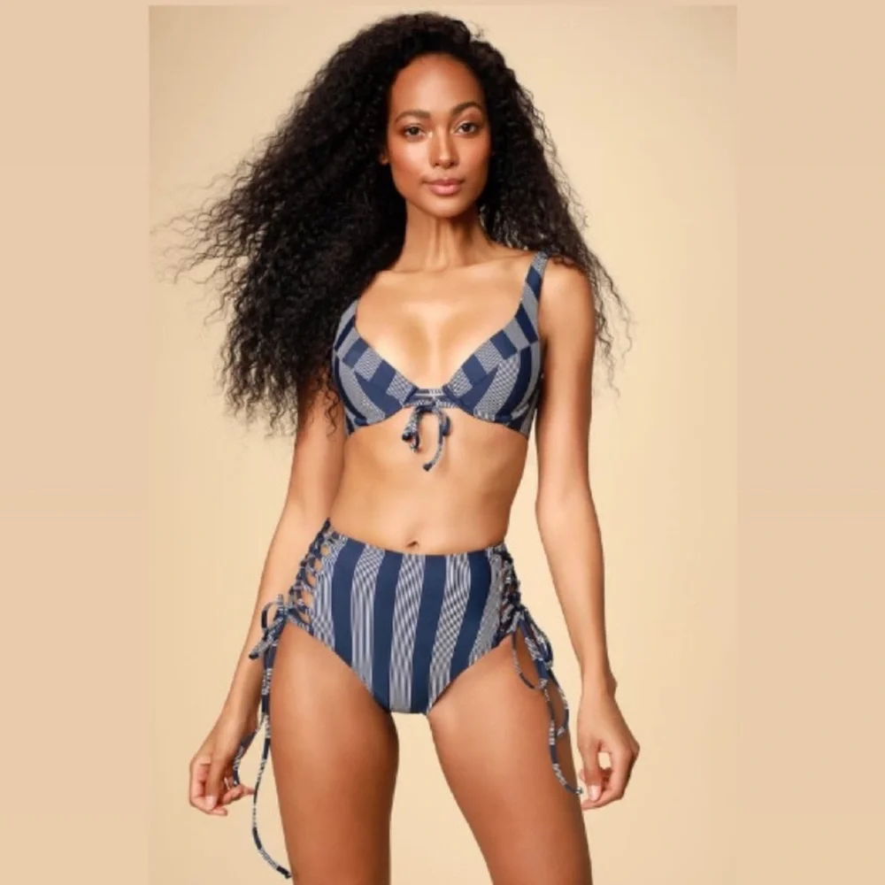 Lulus High Waist Bikini Set M NWT | Striped Blue Lace-Up Swimsuit 2-Piece - Picture 1 of 3